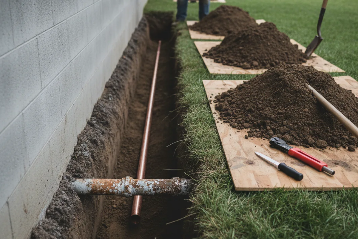 Excavated water line trench during Water Softener Installation in South Amana